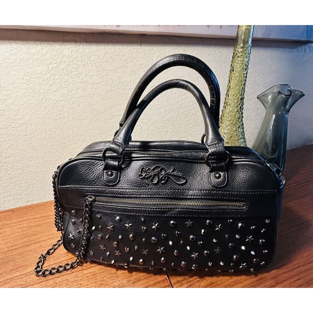 Vintage Y2K Black Leather Rocker Satchel Betsey Johnson Whimsigoth Studs Chains
